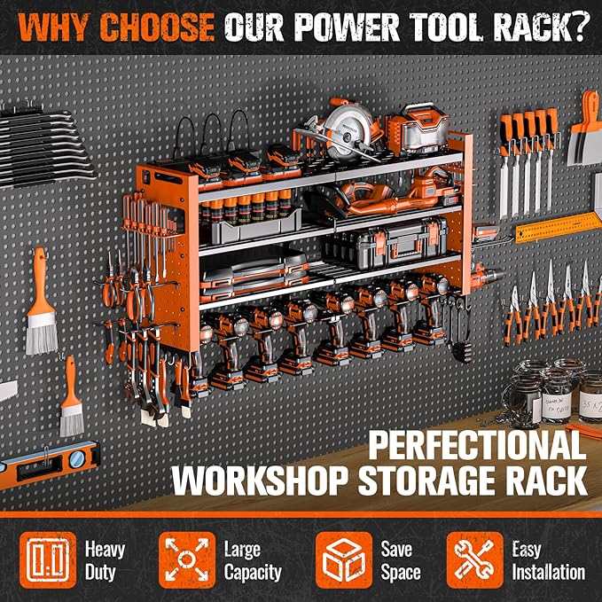 Heavy Duty Power Tool Organizer Wall Mount with Charging Station, Large Garage Organization with 10 cordless Drill Holder, 4 Layers Tool Organizers and Storage, Tool Rack with 6 Power Strip,Orange