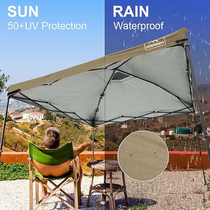 KAMPKEEPER Replacement Top Pop Up Canopy Tent Cover Roof with Air Vent and Adjustable Elastic Strap, Polyester UV Waterproof for Outdoor Garden Patio Sun Shade(Top Only) (Khaki, 10x10FT)