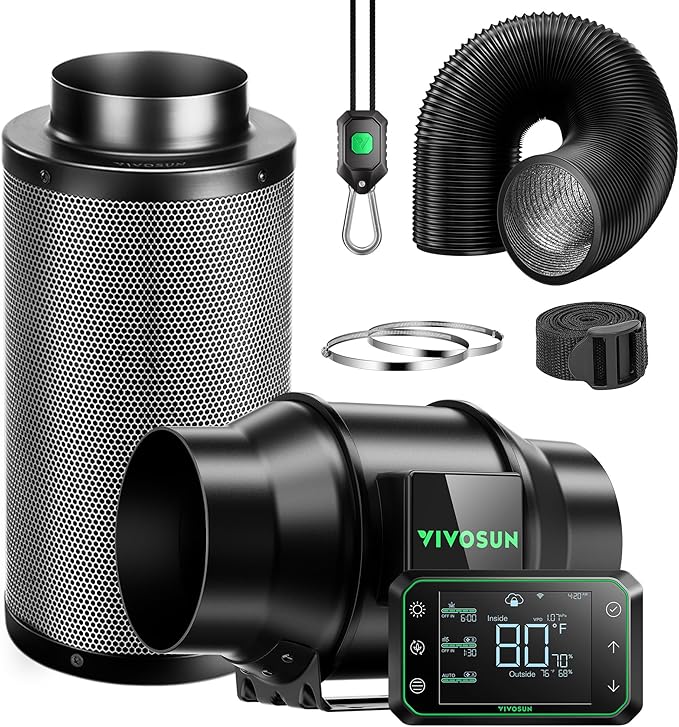VIVOSUN Smart Air Filtration PRO G6 Kit 6", AeroZesh G6 Inline Duct Fan w/GrowHub E42A Temp. Humidity WiFi-Controller, Carbon Filter & Ducting, Cooling & Ventilation System for Grow Tent, Hydroponics