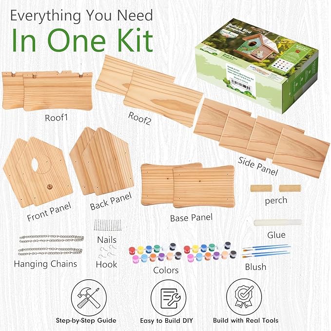 2pc DIY Birdhouse Kit for Kids, Cedar Wood Bird House Kits Bulk for Kids and Adults, Art Craft Outdoor Birdhouse, Solid Wood Weather Proof Material Painting Kit, Chain for Tree Hanging Age 8+