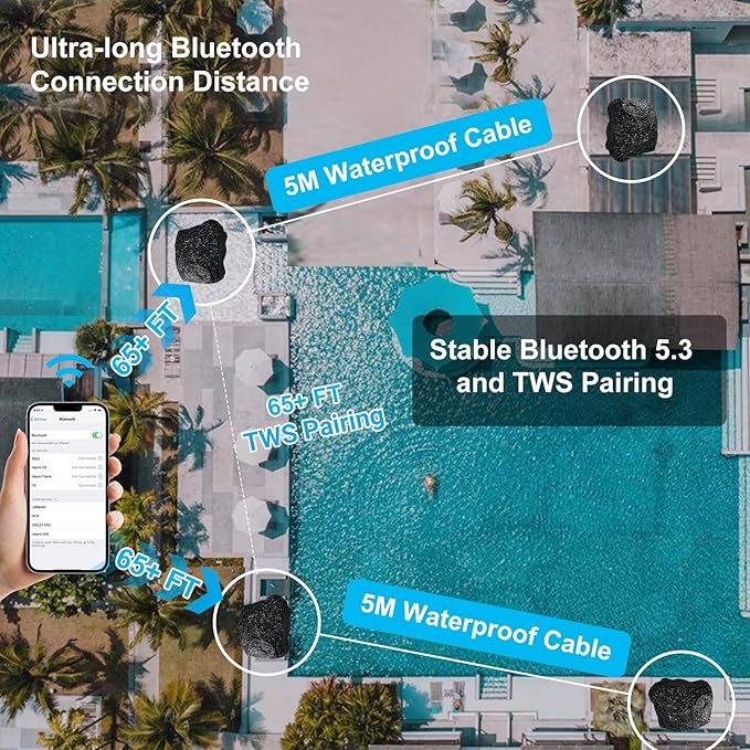 Herdio 8" Outdoor Rock Bluetooth Speakers IPX7 Waterproof Wired Max Power 1200 Watt All Weather for Deck Pool Backyard Patio Garden (2 Pair Black)