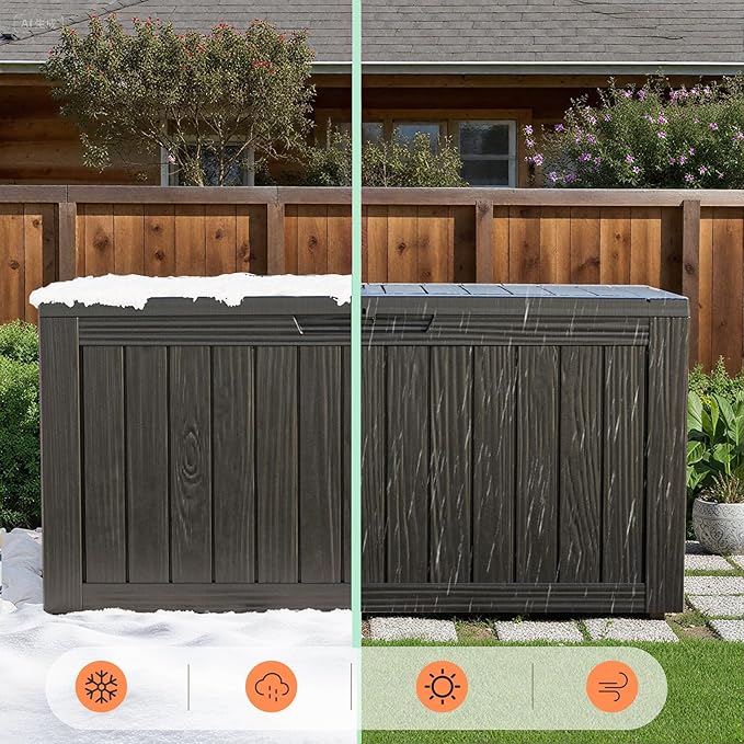 75 Gallon Outdoor Storage Box - Waterproof Resin Deck Box for Patio Cushions & Garden Tools - Lockable Indoor/Outdoor Storage Bin - Sleek Black Design