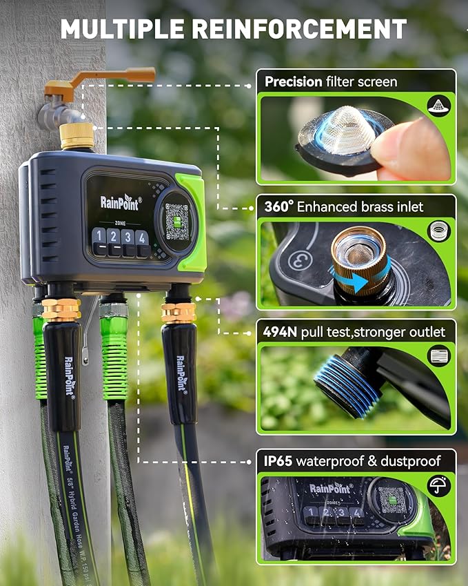 RAINPOINT WiFi Sprinkler Timer 4 Zone, Outdoor Smart Water Timer for Garden Hose with Brass Inlet, Custom Programs via APP/Voice Control for Automatic Watering System