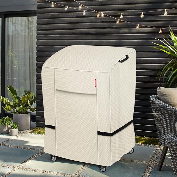 Porch Shield 34W x 24D x 46H inch Premium Gas Grill Cover Up to 32 inch, Waterproof and Fade Resistant 600D BBQ Covers for Weber, Brinkmann, Char-Broil and More, Light Tan