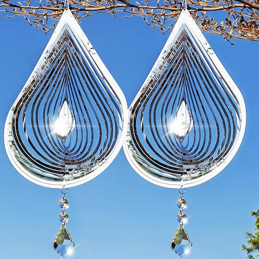2PCS Wind Spinner 3D Stainless Steel Metal Sculptures Decorations, Water Droplets Wind Sculptures & Spinners, Outdoor Hanging Garden Decoration, Bird Devices Deterrent for Outside to Scare Birds Away