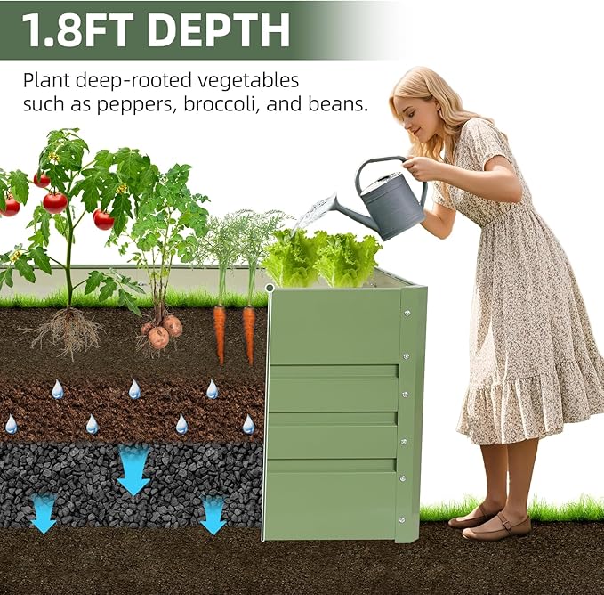1MORE Raised Garden Bed- 4x2x1.8ft Planter Garden Boxes Outdoor, Raised Beds for Gardening, Large Metal Garden Bed Kit for Vegetables Flower, Deep Root Planter Raised Beds with Tools.Green,2pack