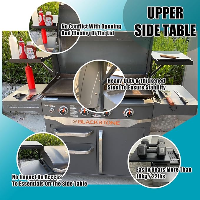 Upper Side Shelf with Griddle Caddy for Blackstone 36″/28″/28XL Griddles, Large Griddle Side Table with Bottle Holder for Easy Access, Blackstone Grill Accessories, Black (2 Pack)