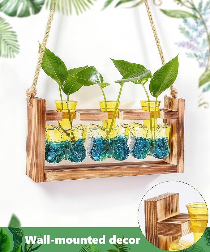 Nacome Plant Terrarium with Wooden Stand,Butterfly-Shaped Glass Vase Planter Propagation Station for Home Office Decor,Unique Gifts for Plant Lovers Women Mom(Yellow)