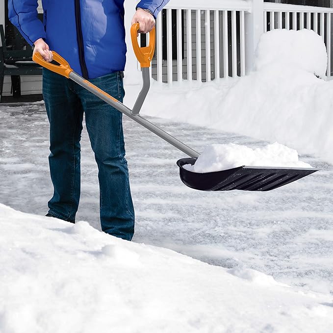 ErgieShovel Ergonomic Snow Shovel, 18" Push + Scoop Blade, 34.5" Sturdy Steel Shaft, 4 lb – Dual D-Ring Handle Grips for Less Back Strain, Aluminum Wear Strip, Durable & Lightweight, ERG-SNSH18