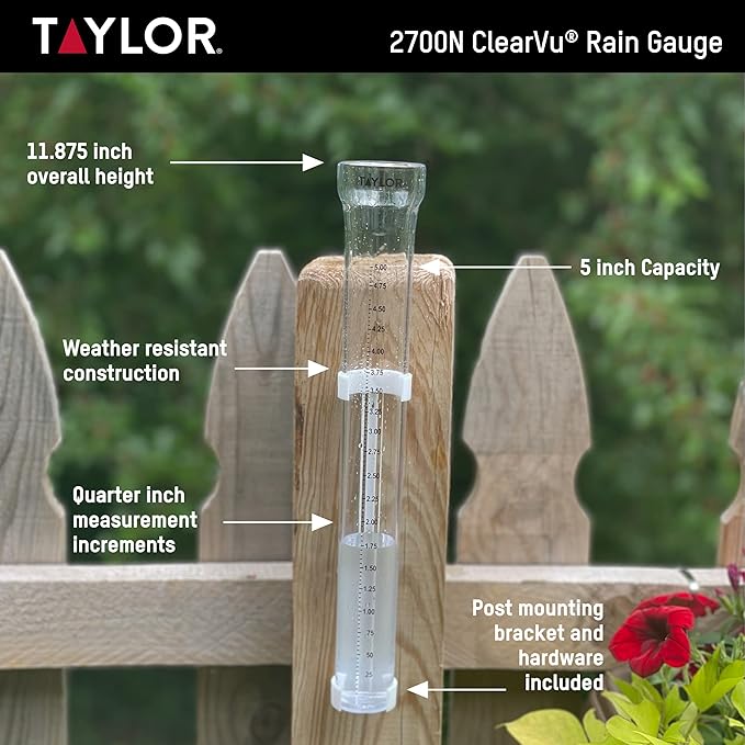 Taylor 2700N ClearVu Rain Gauge with Post Mounting Bracket, Measure and Monitor Precipitation, Easy to Read for Backyard, Patio, Garden, and Lawn, 5-inch, Clear