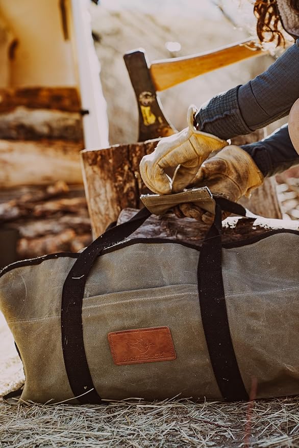 WHITEDUCK TUFF Large Firewood Carrier 21 Oz. Heavy Duty Waxed Canvas Log Carrier Holder for Fireplace, Carrying Wood Indoor & Outdoor (Brown, Boat Shape (26"x17"x9"))