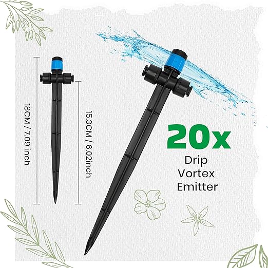 MIXC 20pcs Two-Way Quick-Connect Drip Irrigation Emitters for 1/4" Drip Irrigation Tubing - Adjustable Push-to-Connect 360° Drip Emitters Vortex on 7" Sturdy Stake for Irrigation System