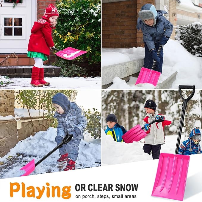 Kids Snow Shovel, Durable Thick Plastic Blade with Metal Handle, Comfort D-Grip, 32inch Snow Shovel for Kids Age 3-12 (Pink)