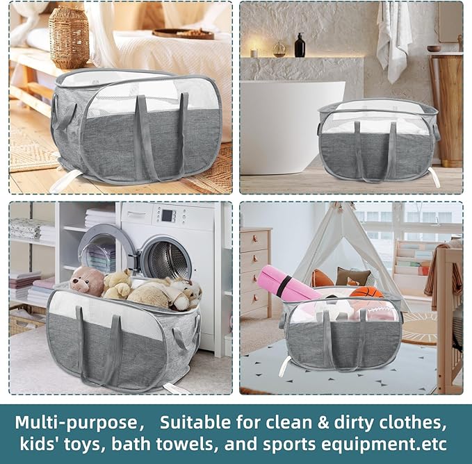 2 Pcs Collapsible Laundry Baskets, Tear Proof Pop Up Hamper With Dual Handles, Durable Foldable Basket, Easy to Carry for Home, Room, Bedroom, Dorm, Travel - Gray