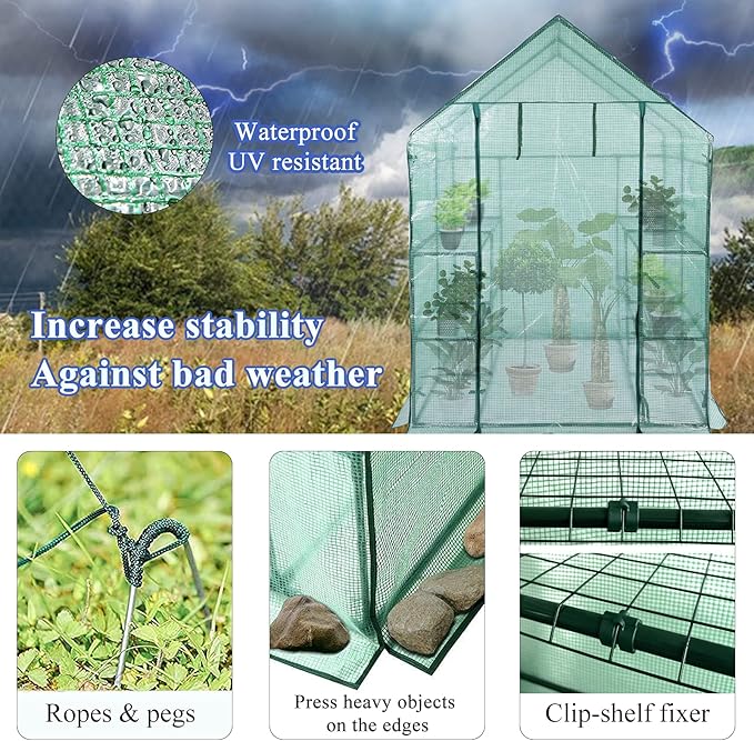 Greenhouses for Outdoors, PE Walk in Greenhouse with 2 Side Mesh Windows, Portable Green House with Anchors & Ropes Stands Up to Wind, 56"x56"x78"Green