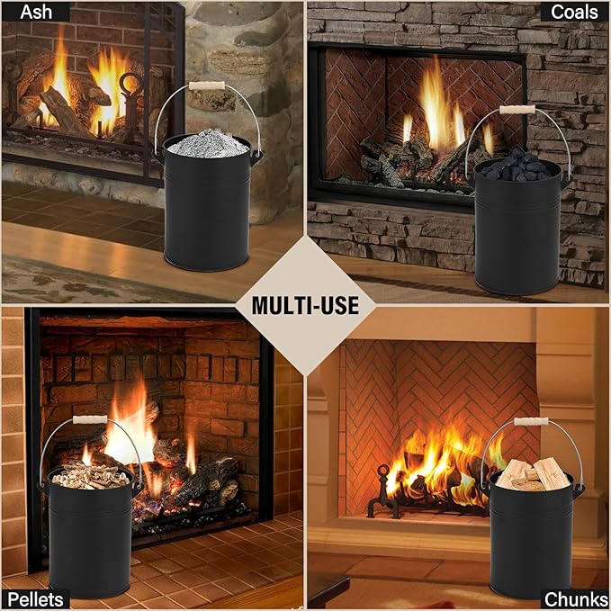 FEED GARDEN 2.5 Gallon Ash Bucket with Lid,Shovel,Broom and Screwdriver,Bucket Ash Can for Fireplace Fire Pits,Wood Stoves,Fireplace Galvanized Iron Bucket,Pellet Charcoal,Indoor Outdoor，Black