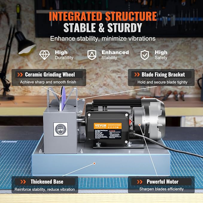 VEVOR Lawn Mower Blade Sharpener, 1HP 750W Lawnmower Blade Grinder with 9-inch Ceramic Grinding Wheel, Powerful Bench Mower Sharpening Machine for High/Low Lift Blades, Gator Blades, Flat Blades