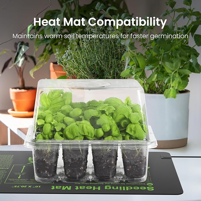 MIXC Seed Starter Kit with Grow Light, Elevated Seedling Tray Kit with Adjustable Humidity Dome and Clear Cell Tray, 12 Full Spectrum Led Beads for Seed Starting Greenhouse, 4 Pack, Transparent