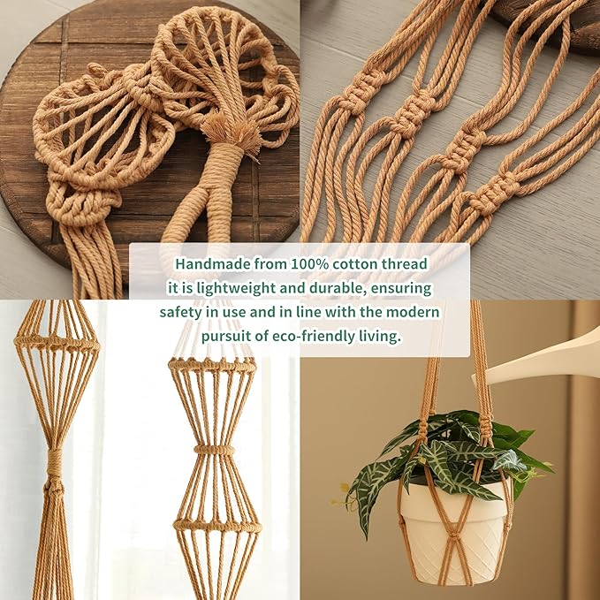 2Pcs Macrame Plant Hangers Indoor Macrame Hanging Planters Large for up to 10 inch Pot No Tassels Long Crochet Boho Plant Hanger Holder for Indoor Outdoor Plants Different Size 35”/39" (Caramel)