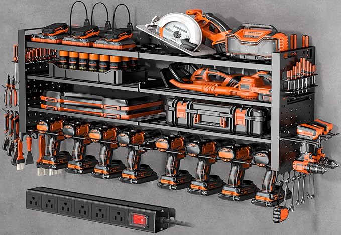 Heavy Duty Power Tool Organizer Wall Mount with Charging Station, Large Garage Organization with 10 cordless Drill Holder, 4 Layers Tool Organizers and Storage, Tool Rack with 6 Power Strip, Black