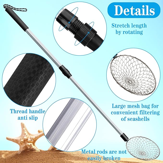 2 Pack 5.3 Inch Beach Sand Sifter- 22~35 Inch Adjustable Shark Tooth Sifter- Sand Scoop Shell Scooper for Beach- Beach Scoop Shovel and Sifter Tool for Picking Up Shells Beachcombing & Rock Hunting