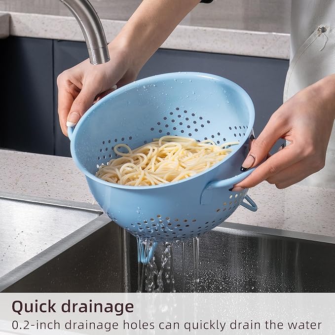 Metal Colander 5 Quart Powder Coated Self-draining Metal Strainer with Base,Kitchen Pasta Fruit Vegetable Basket with Double Handles,blue