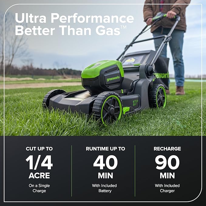 Greenworks 60V 17" Brushless Cordless Push Lawn Mower, 2-in-1 Mulching/Bagging, 4.0Ah Battery and 3A Charger(40min Runtime)