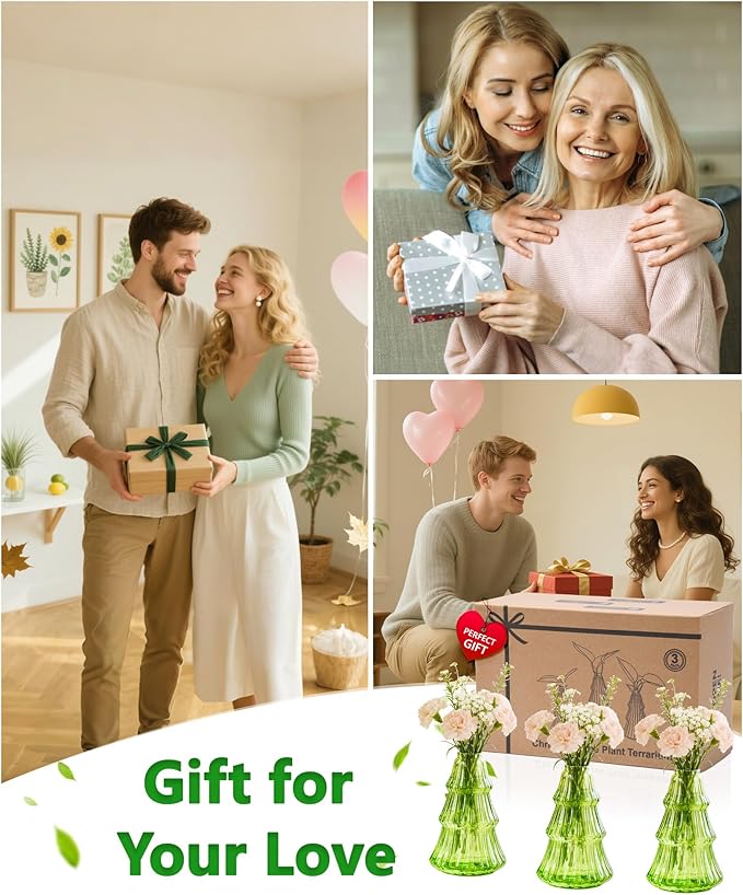 Nacome 3Pcs Tree-Shaped Glass Plant Terrarium,Planter Propagation Station Christmas Tree Decorations for Hydroponics Home Office, Unique Gifts for Plant Lovers Women Mom(Green)