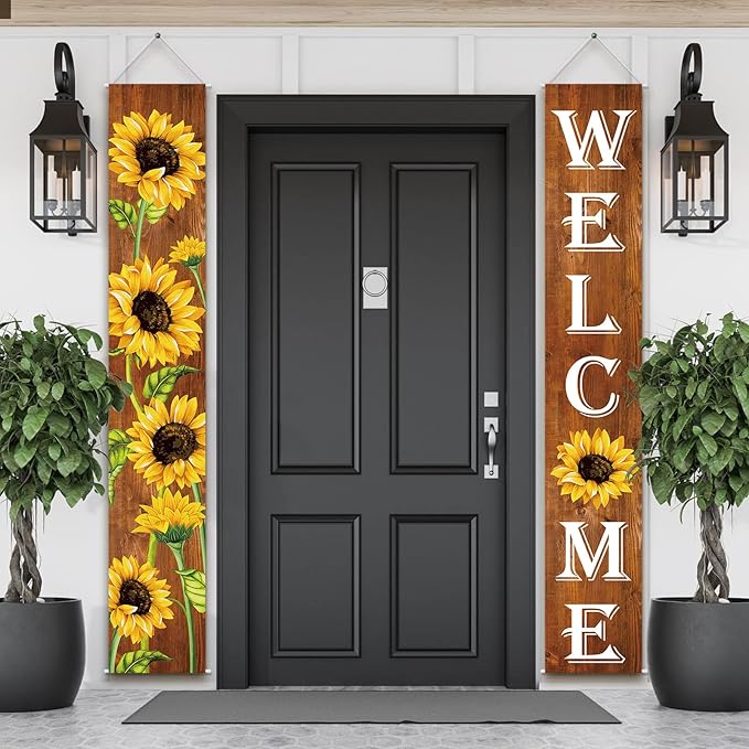 Tatuo Sunflower Welcome Hanging Banners Fall Porch Banners Flags Autumn Door Banner Thanksgiving Hanging Banner for Front Door Garden Home Yard Sunflower Party Decorations(Wood Background)