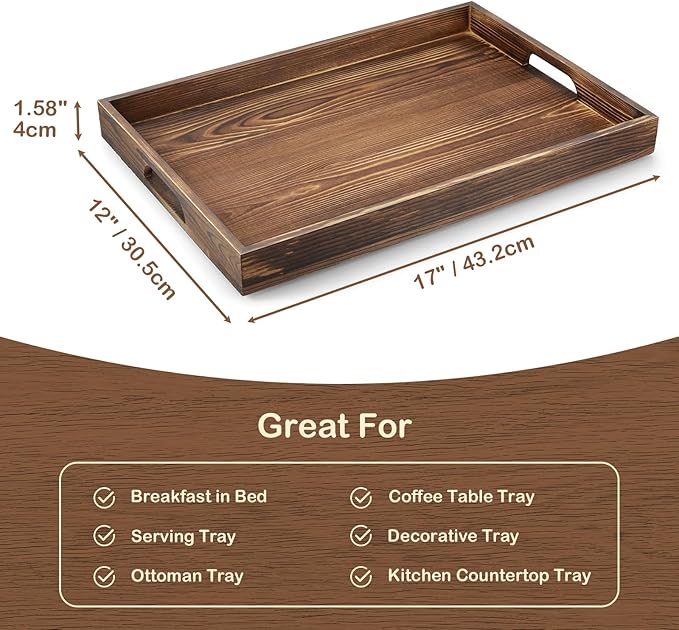 17 Inch Burnt Wood Serving Tray with Handles, Large Wooden Tray for Ottoman, Breakfast in Bed, Coffee Table, Dinner, Rectangular Tray for Living Room Bedroom Entryway and Kitchen