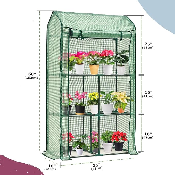 Mini Greenhouse for Indoor Outdoor, Small Plastic Plant Green House Rack Stand Portable Greenhouses with Durable PE Cover for Seedling 60 "x 35"x 16",20 Pcs T-Type Plant Tags Include（PLGH4053G）