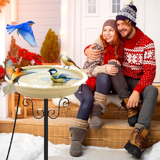 Lovppy Heated Bird Baths for Outdoors for Winter, 100W Heated Birdbath Water Heater with Thermostatically Controlled, Heated Bird Baths Bowl with Metal Stake for Outside Garden Patio Yard (Khaki)