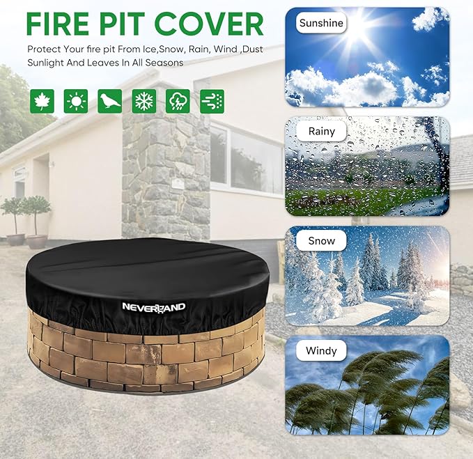 NEVERLAND Round Fire Pit Cover for In-Ground Fire Pits, 52-57 Inch Heavy Duty 600D Waterproof Outdoor Firepit Cover, Fits Built-In Stone Fire Pits, Black