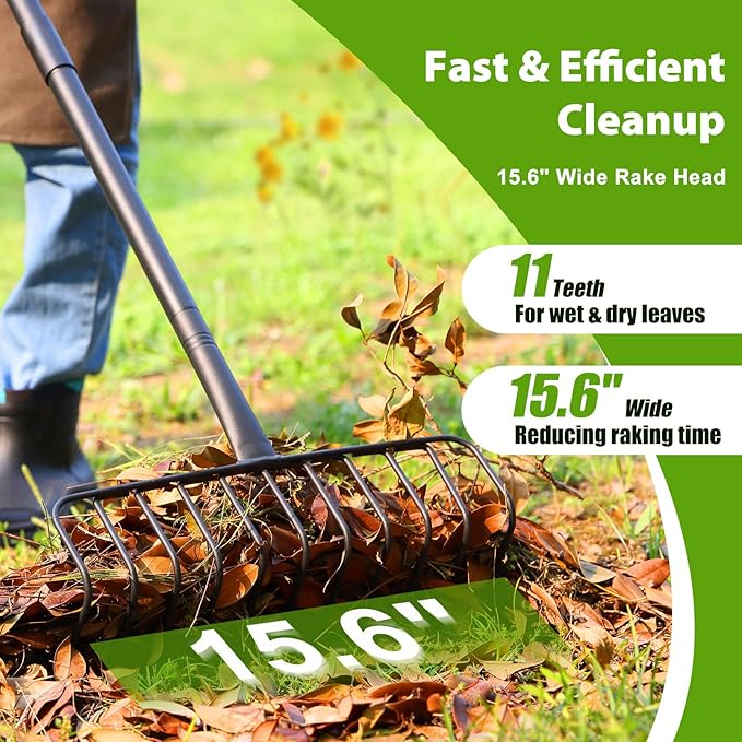 Rake, Heavy Duty Garden Rake with 11 Tines, 51 Inch Handle, 16 Inch Wide, Metal Garden Thatch Leaf Rakes for Raking Gathering Mulch,Metal Bow Rakes for Lawn Yard Bushes Pine Needles Leaves Grass