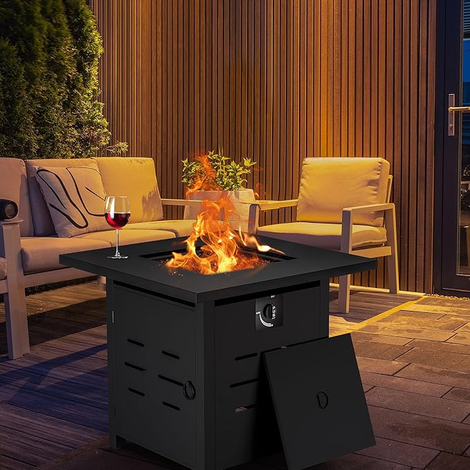 Walsunny 28 inch Outdoor Propane Fire Pit 40,000 BTU Gas Fire Pit Table with Lid & Lava Rock, Waterproof Cover, Square Gas Firepit Table for Garden/Patio, CSA Certification
