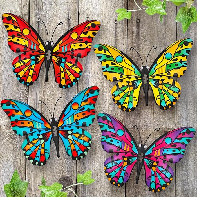 Metal Butterfly Wall Decor - 9.6" Outdoor Fence Wall Art Decor, Hanging for Garden Yard Living Room Bedroom Patio Balcony,Gift for Family Friends(4 Pack)