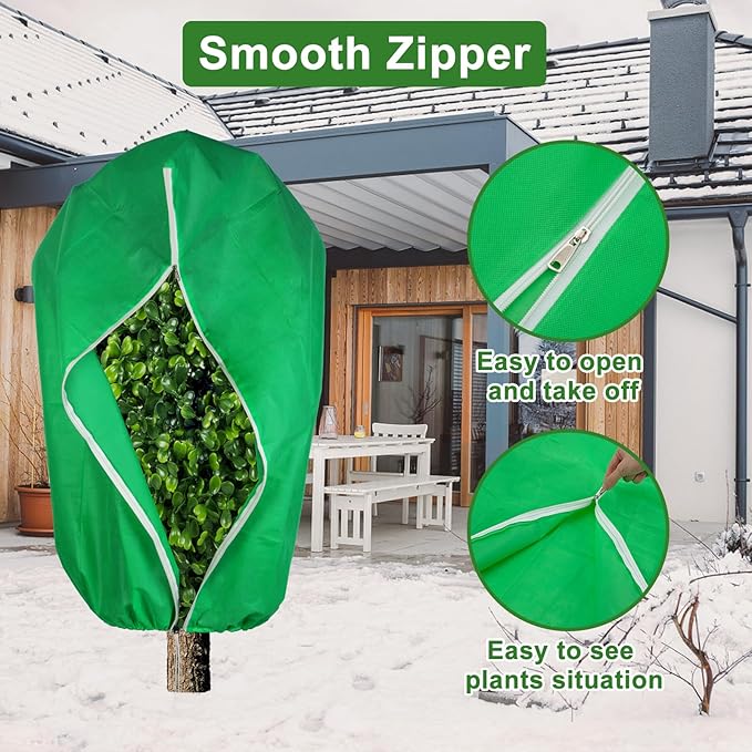 SPORTYOUTH 4 Pack Plant Covers Freeze Protection, 32" x 47.2" Winter Frost Blankets Cloth with Zipper Drawstring, 2.4 oz Reusable Jacket Cover Bags for Outdoor Plants Shrub Bush Tree Potted