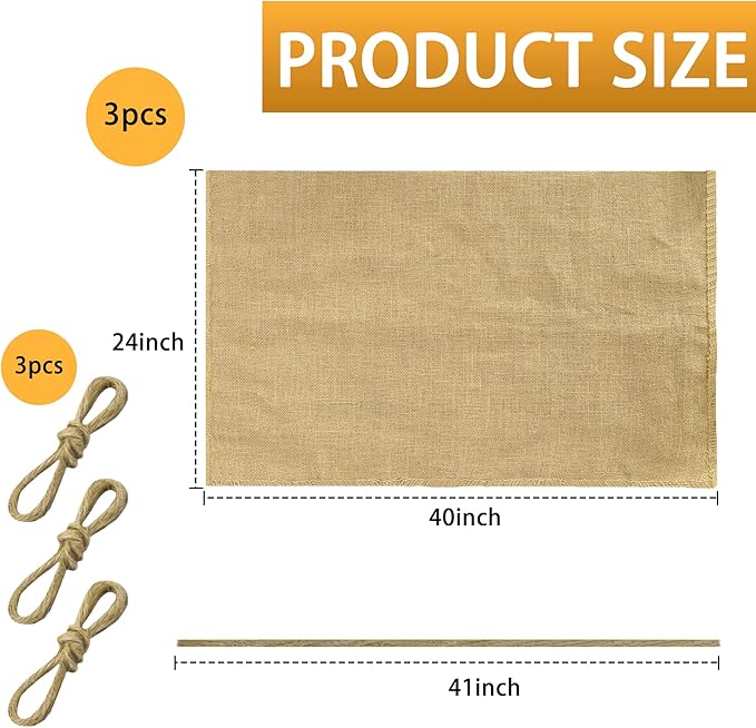 3 Pack 40" x 24" Burlap Winter Plant Cover Bags- Reusable Burlap Frost Cloth Plant Freeze Protection- Warm Burlap Sacks Plant Frost Blankets with Twine for Outdoor Garden Trees Potted Plants