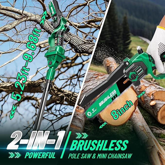2-in-1 Electric Pole Saws for Tree Trimming,8" Mini Chainsaw Cordless with Extension Pole, 1200W Brushless Motor,Auto Oiling,16.18 FT Max Reach Extension Pole for Outdoors Pruning with 2×Batteries