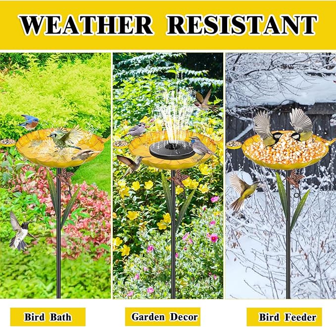 Metal Bird Bath for Outside, Detachable Birdbath Sturdy 5-Prong Stake Base with Bowl & Decorative Birds, Durable Iron Garden Birdbath & Feeder for Patio Wildlife Décor (Retro Yellow)
