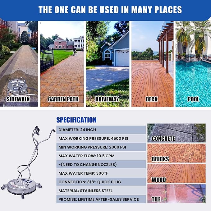 MEKOH Pressure Washer Surface Cleaner 24'', 4500PSI Stainless Steel Surface Cleaner Attachment with Wheels, Power Washer Accessory for Driveway Sidewalk Curb Deck Patio Cleaning, 3/8'' Quick-Connect