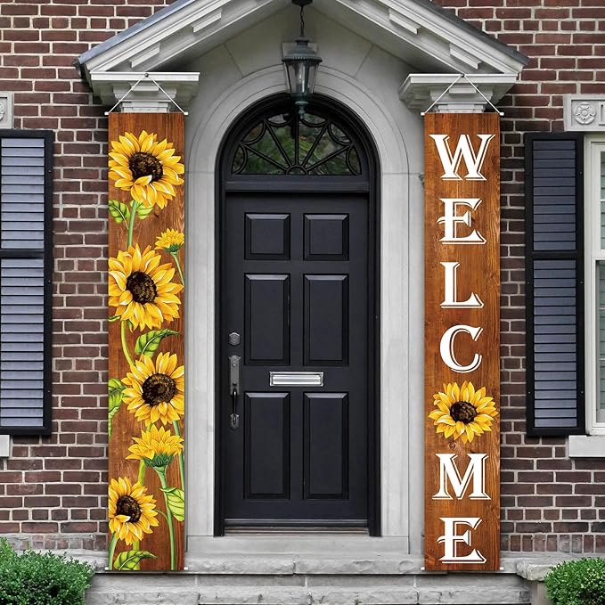 Tatuo Sunflower Welcome Hanging Banners Fall Porch Banners Flags Autumn Door Banner Thanksgiving Hanging Banner for Front Door Garden Home Yard Sunflower Party Decorations(Wood Background)