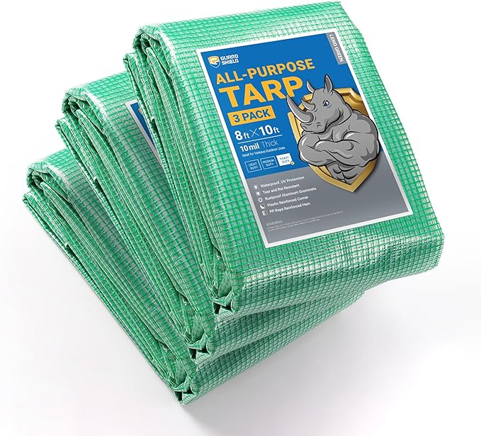 GUARD SHIELD Clear Green Tarp Heavy Duty 8x10 Feet Waterproof for Greenhouse Outdoor Garden Poly Cover UV Resistant 3x3 Weave 10mil (3-Pack)