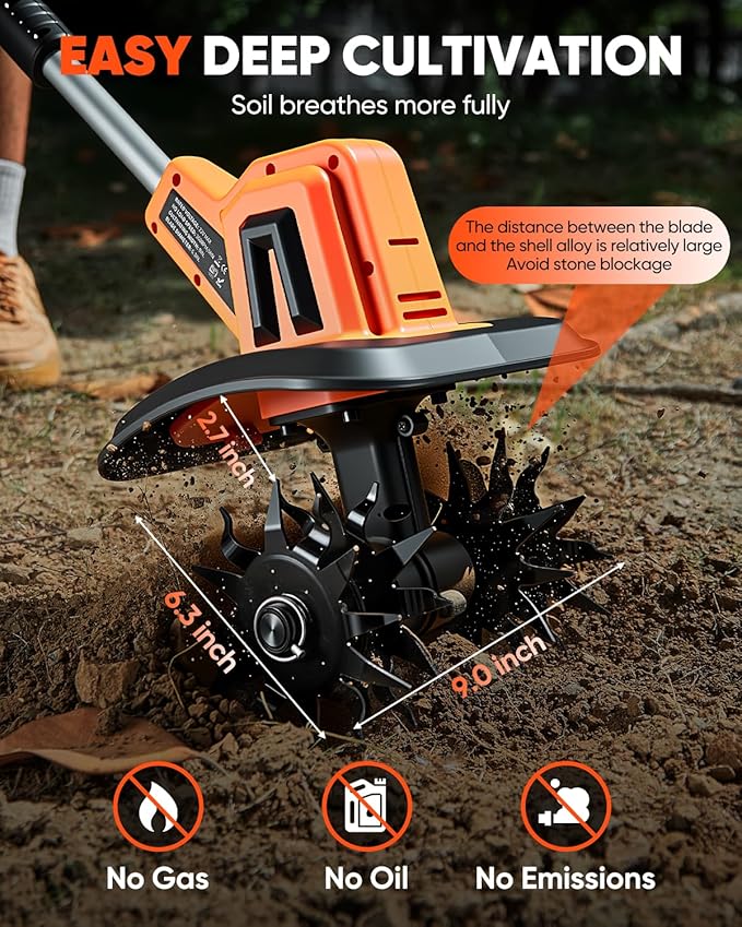 Saker 22V Cordless Electric Garden Tiller Cultivator, Rototiller for Gardening with 3 Adjustable Speed, 9-Inch Tilling Width, 6.3-Inch Depth for Soil Preparation, Weeding, and Gardening SK-TC18A