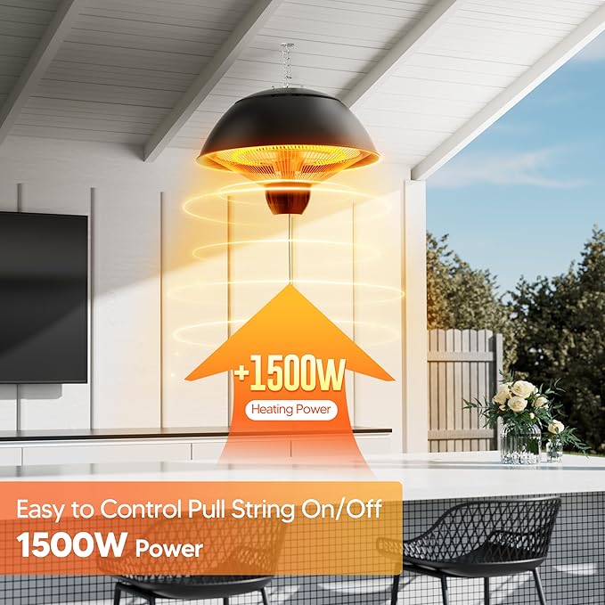 Electric Outdoor Heater, 1500W Outdoor Hanging Heater, Ceiling Mounted Infrared Patio Heater for Outdoor Use, Waterproof Electric Heater for Porch, Balcony, Garage, Adjustable Height, Black