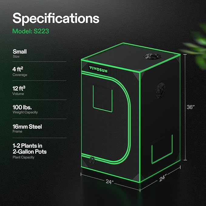 VIVOSUN S223 2x2 Grow Tent, 24"x24"x36" High Reflective Mylar with Observation Window and Floor Tray for Hydroponics Indoor Plant for VS1000
