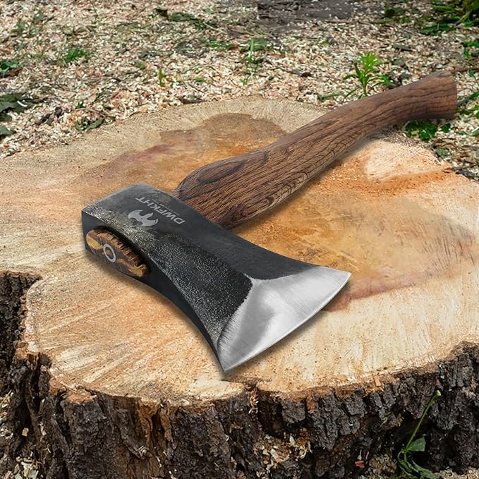 15.3" Hatchet, Splitting Axe with 1065 High Carbon Steel, Camping Hatchet with Beech Wooden Handle and Leather Sheath, Chopping Axe for Wood Splitting and Kindling