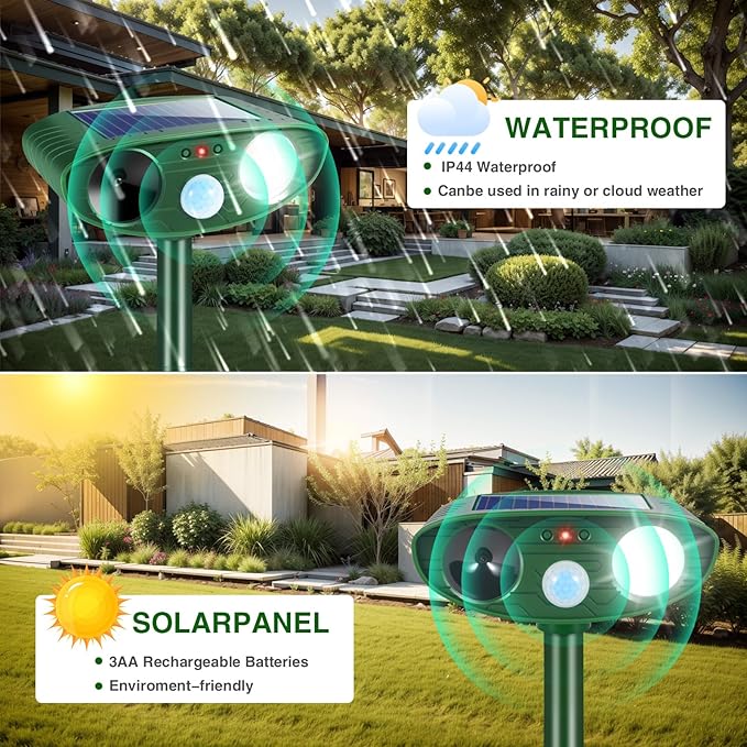 2Pack Solar Ultrasonic Animal Repellent Outdoor Deer Repellent Devices with Motion Detection&Flash Light Squirrel Rabbit Dog Cat Deterrent,Keep Rodent Chipmunk Raccoon Away for Yard Garden Lawn 2025