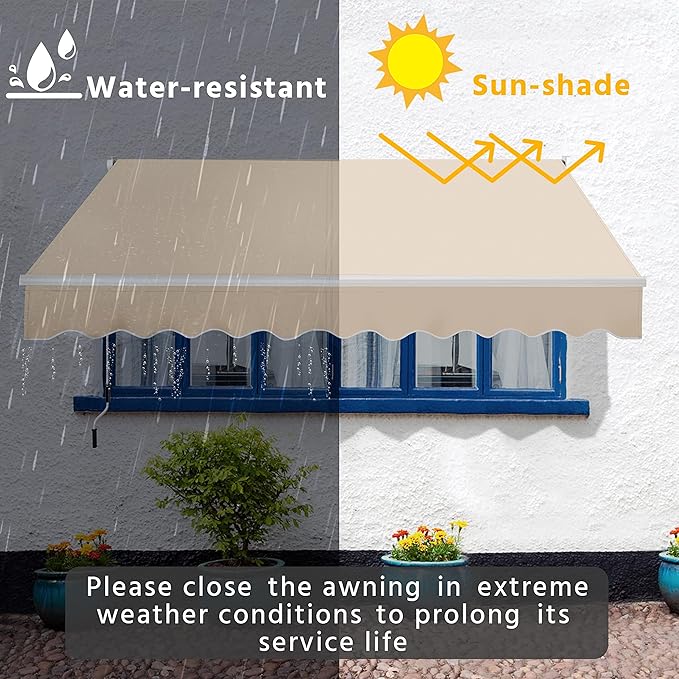 Yaheetech 10 × 8 Ft Patio Awning, Retractable Sun Shade Awning with Manual Crank Handle, Manual Aluminum Deck Awning for Patio/Balcony/Yard, 280g/m² Polyester, Beige