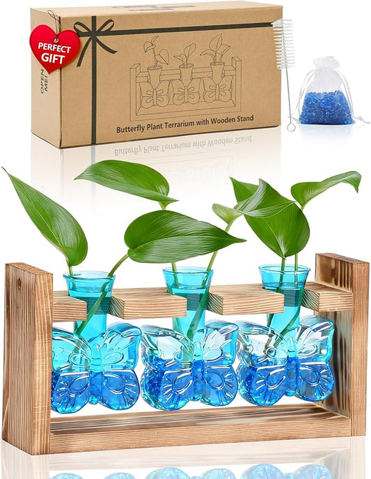Nacome Plant Terrarium with Wooden Stand,Butterfly-Shaped Glass Vase Planter Propagation Station for Home Office Decor, Unique Gifts for Plant Lovers Women Mom(Blue)